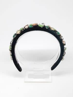 Dark green velvet headband with copper-colored Swarovski crystals