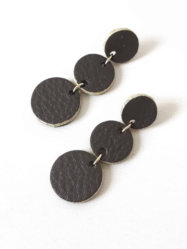 Dark brown leather earrings with a golden edge - 3 circles