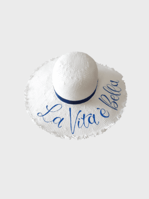 Summerhat with blue quote and frayed brim in white