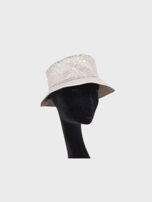 Bucket hat in beige satin with crisscross design