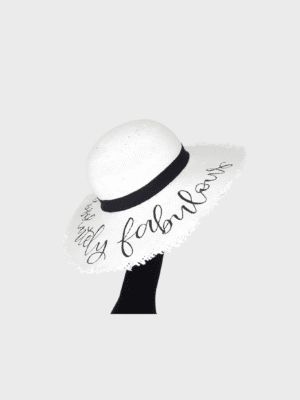 Summerhat with black quote and frayed brim in white