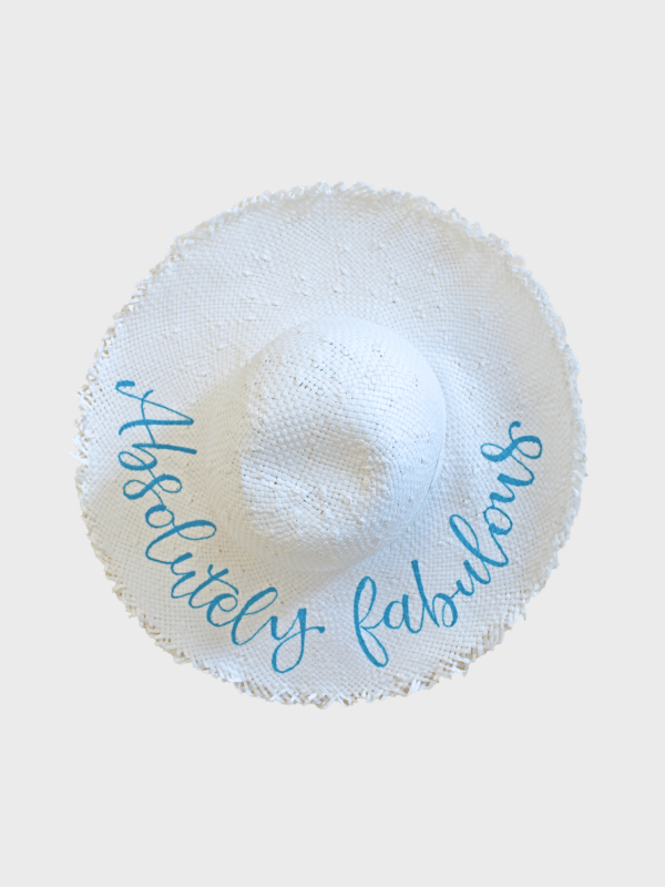 Summerhat with blue quote and frayed brim in white