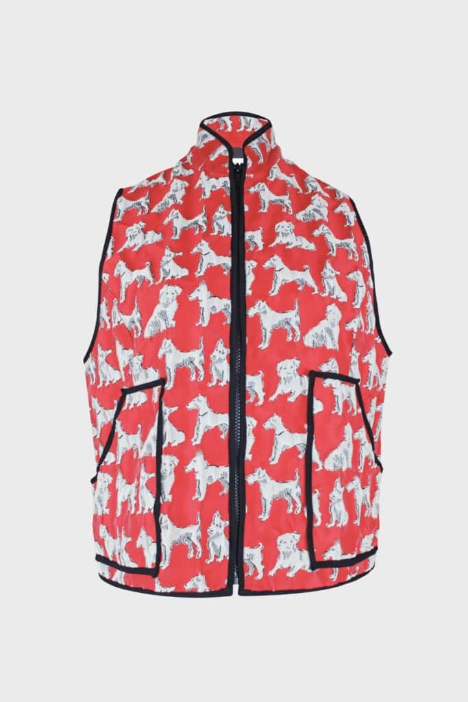 Bodywarmer Doggy Style by EVA MARIA is a red and white bodywarmer jacket with printed pattern of dogs made from up-cycled Armani fabrics