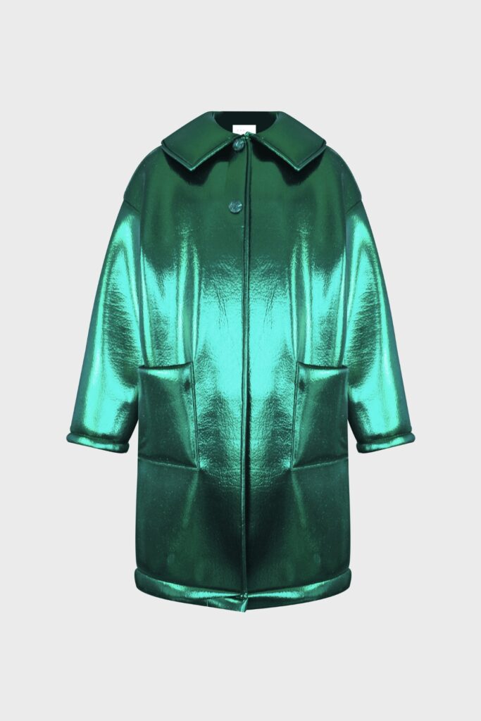 Spunky Coat by EVA MARIA is a metallic green coat in leftover fabri