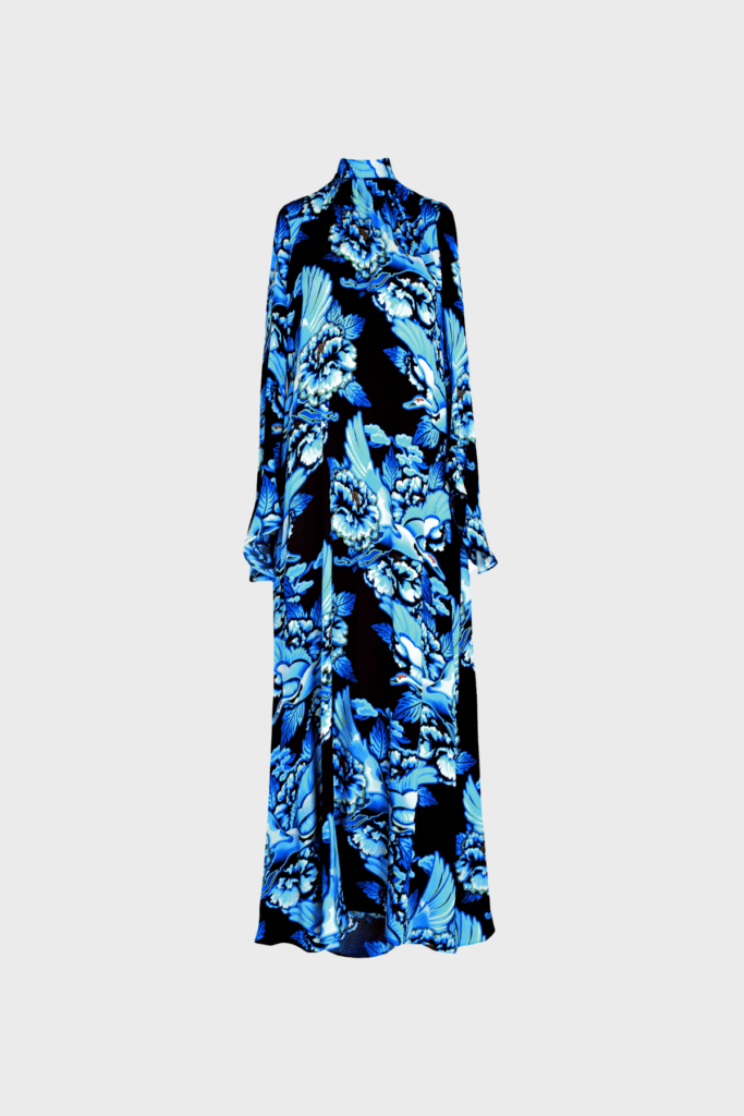 Satin Maxi Dress with Open Back | Long sleeve | Indigo Crane Birds by Marylène Madou - reddit